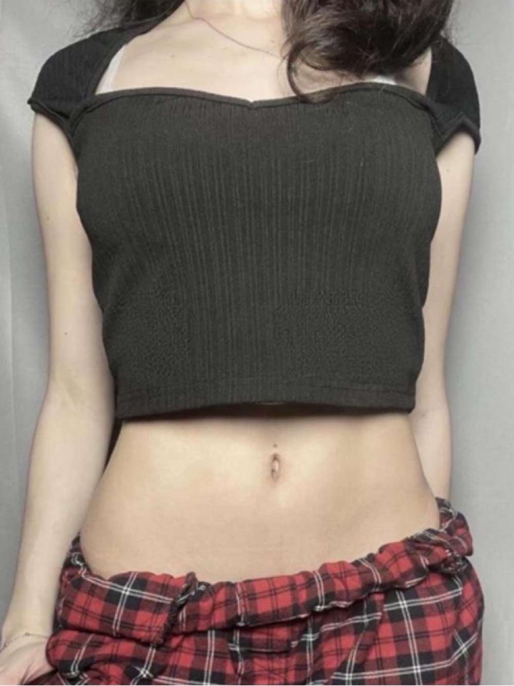 Black Ribbed Square-Neck Crop Top by